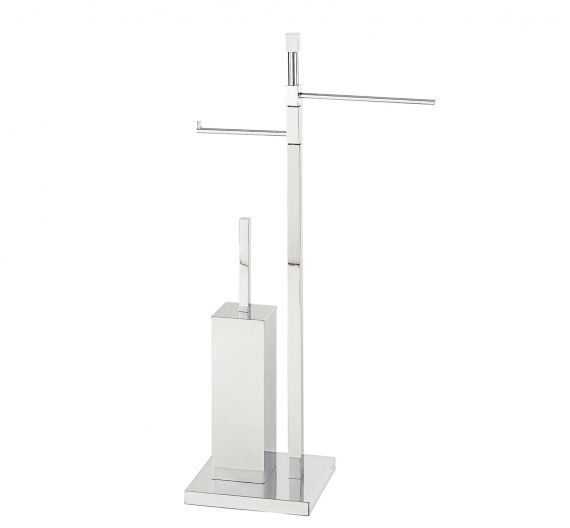 Free standing lavatory brush holder with single towel rack and toilet paper