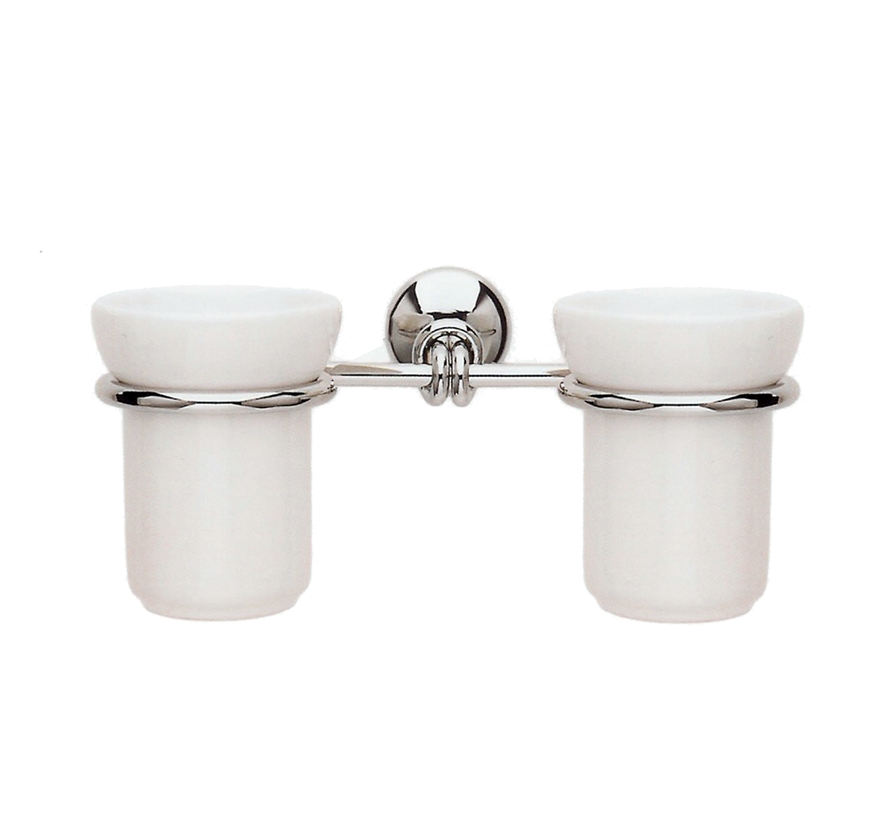Bicchiere portaspazzolini denti doppio da fissare a parete in ceramica  bianca e ottone cromato accessori da bagno in ottone