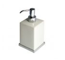 Dispenser porta sapone liquido in creamica bianca e ottone cromato, forma quadrata, stile sobrio ed elegante