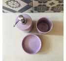 set di complementi colore viola per arredo bagno in ceramica composto da dispenser, porta spazzolini e porta sapone pompetta ott