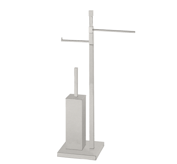 Free standing lavatory brush holder with single towel rack and toilet paper