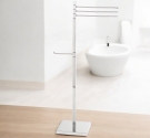 Free standing towel rack with three straight arms and toilet paper holder 