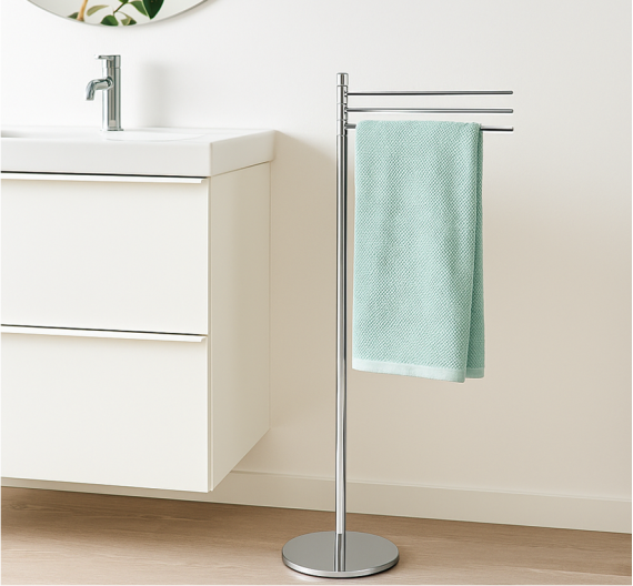Floor freestanding towel bar, three straight arms, bath-Complement bathroom fittings brass chrome plated anti-rust
