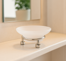 Porta saponetta solida in vetro satinato e base cromo anti ruggine linea minimale design italiano arredobagno di alta qualità