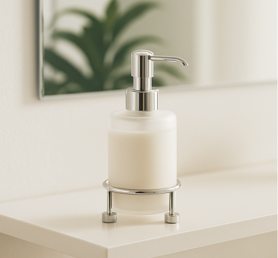 Dispenser-per-sapono-in-vetro-satinato-ottone-cromato-linea-minimale-moderna-prodotta-con-materiali-garantiti-antiruggine