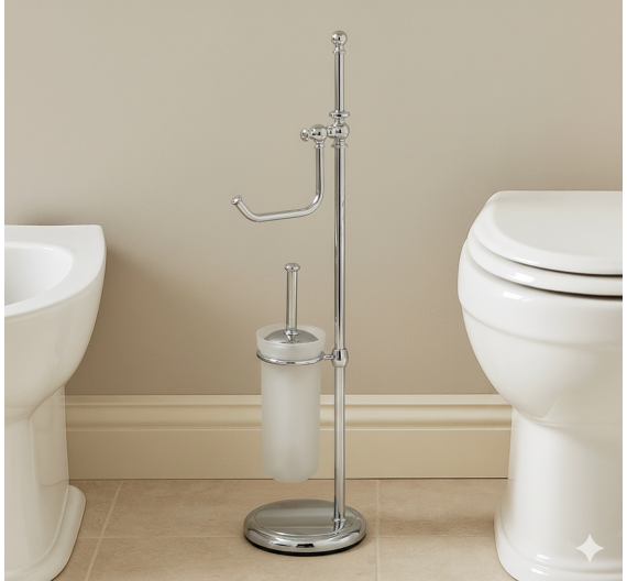 Piantana da bagno porta scopino in vetro satinato e porta carta dallo stile classico - collezione primavera inspirazione bagno