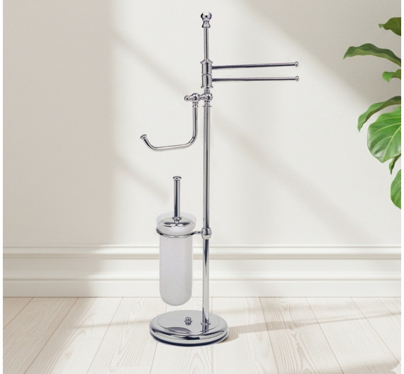 Piantana in stile classico per l'arredamento da bagno con porta scopino porta salviette e porta carta igienica colore acciaio