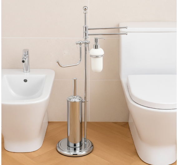 Piantana da bagno completa con porta scopino, porta carta, dispenser ceramica e aste porta salviette da bidet stile inglese