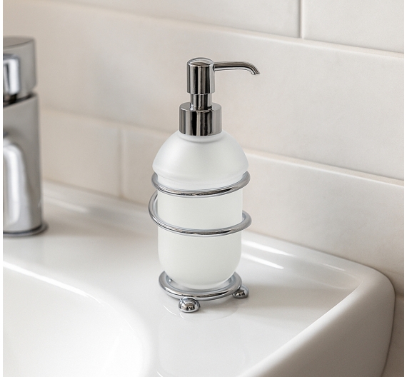 Dispencer porta sapone liquido da appoggio per lavabo bagno - vetro satinato e ottone cromato - alta qualità artigiana