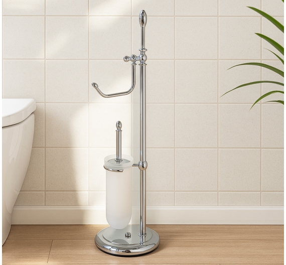 Piantana da bagno in stile classico senza tempo con porta scopino wc in vetro satinato scopino intercambiabile e porta carta