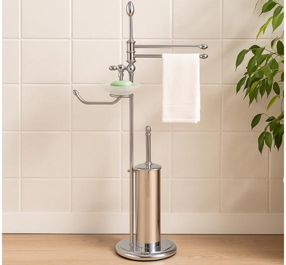 Debout toilette porte-balais, porte-Papier, porte-Savon et Serviette bidet - deux tiges rotatives - laiton chromé anti-rouille