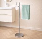 floor freestanding towel from the bathroom two rods and snacks, soap holder, liquid in glass-guaranteed product 