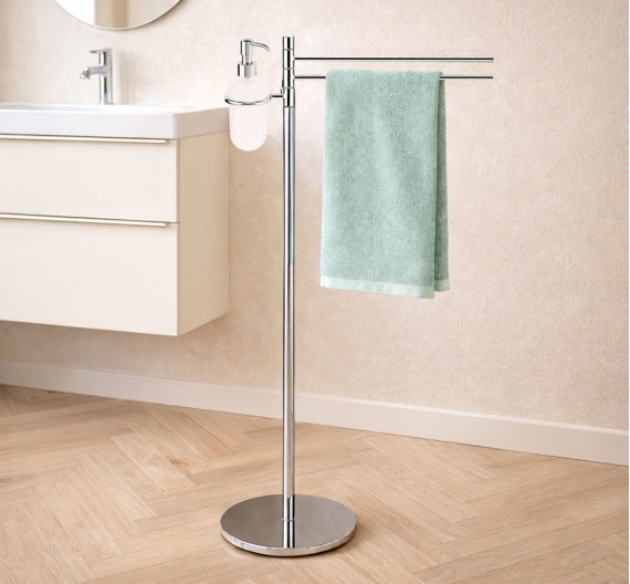 piantana freestanding porta asciugamani da bagno due aste e dispencer porta sapone liquido in vetro satinato-prodotto garantito 