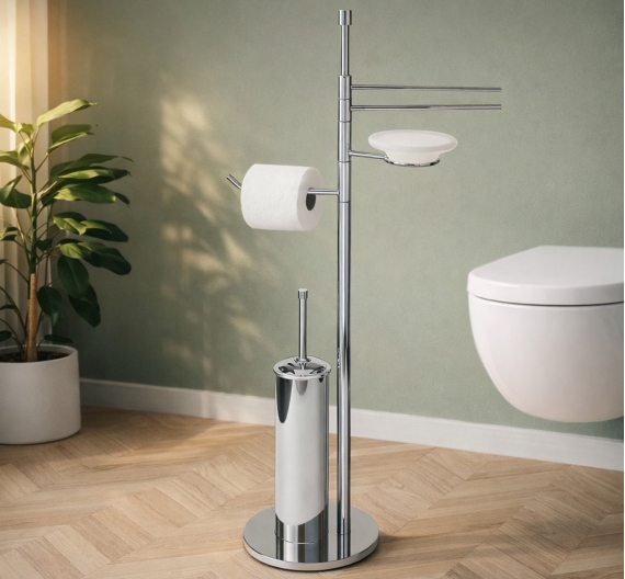 Floor stand bathroom freestanding with door brush, roll, towel and soap holder in frosted glass-bathroom Furniture Minimalist