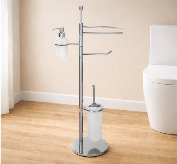 Piantana bagno con porta scopino tubo elegante in vetro dispenser porta sapone porta carta e salviette bidet arredamento qualità