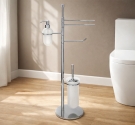 Floor bathroom with toilet brush holder in frosted glass, toilet roll holder, snacks, and wipes a towel-bathroom fittings brass