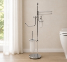 	Piantana elegante porta scopino carta igienica salviette e dispenser finitura cromo dettagli in vetro satinato qualità eleganza