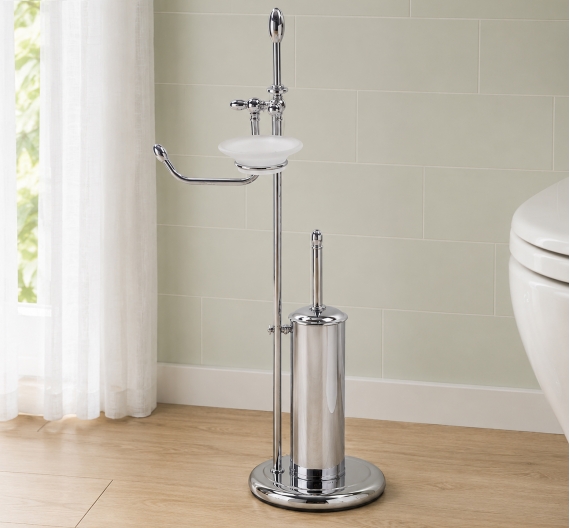 Lampe de plancher salle de bains en laiton chromé porte-brosse wc, porte-papier et porte-savon - produit de métier - les pièces