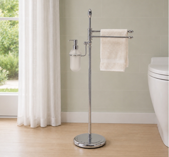 Piantana con aste che ruotano e porta sapone con dispenser in vetro satinato di qualità prodotti di eleganza e qualità