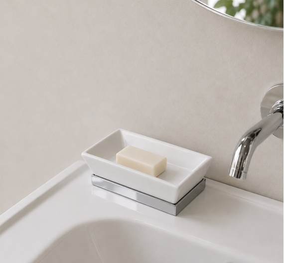 porta sapone forma rettangolare in ceramica bianca e supporto in ottone cromo-prodotto alta qualità