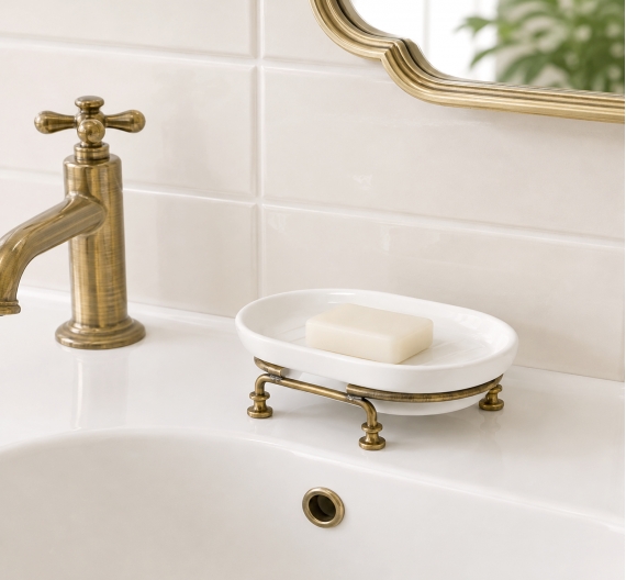 porta sapone in stile classico ceramica bianca e ottone - accessori da bagno qualità colore personalizzato bronzo shabby chic