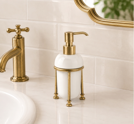 Dispenser-da-lavabo-colore-bronzo-per-arredo-bagno-in-ottone-e-ceramica-bianca-realizzazione-artigianale