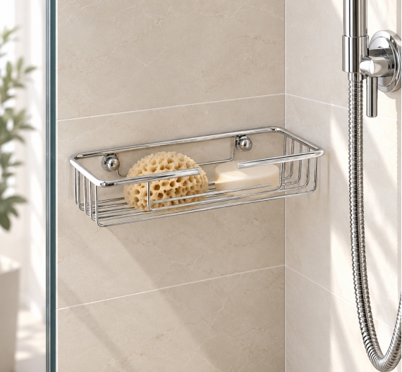 cestello da bagno porta oggetti per doccia in ottone cromato - dettaglio progetto realizzazione