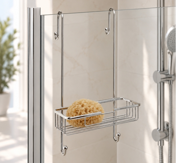 Basket items for shower door soap and shampoo - to hang on to the glass of the shower - Complements bathroom decor products