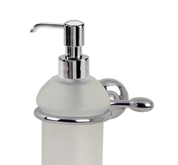Dispenser dosatore bagno per sapone liquido-fissaggio a tasselli-vetro satinato e ottone cromato-prodotto antiruggine